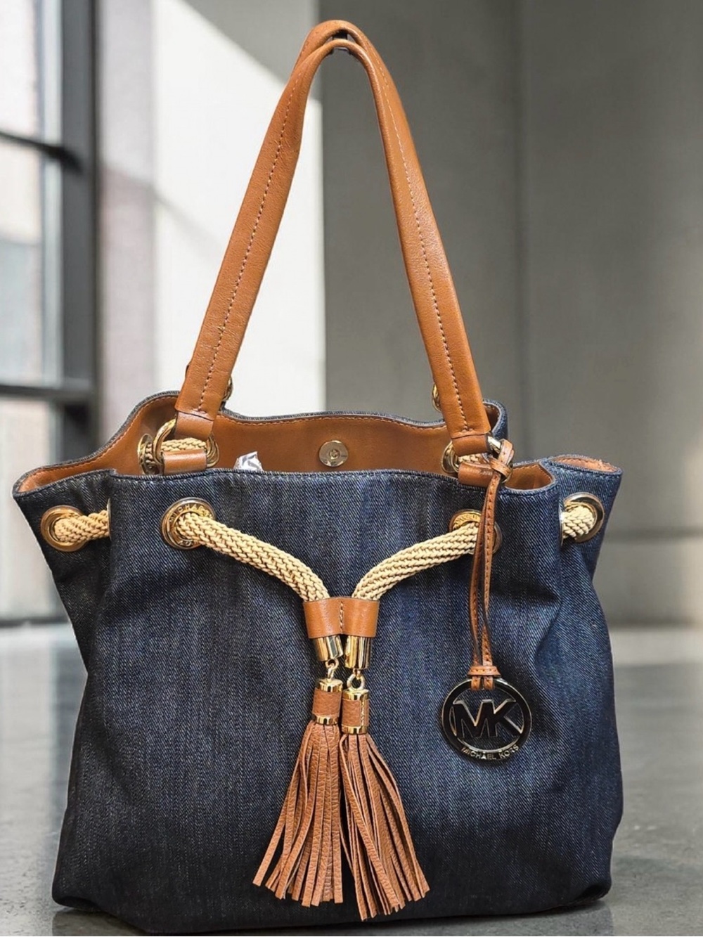 Michael Kors Dark Denim Shoulder Bag with Tan Leather Trim EUC